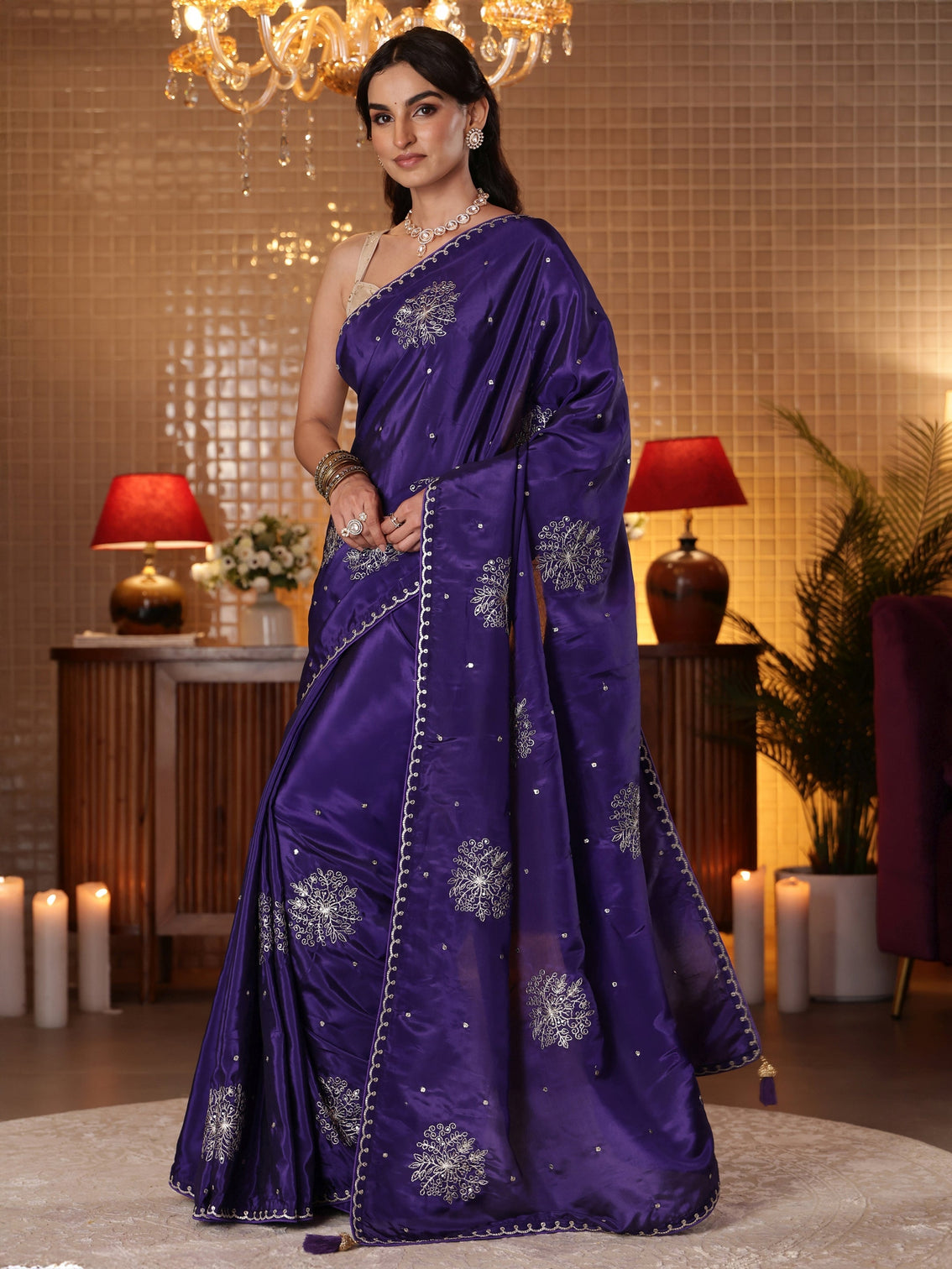 Mameraa Purple Floral Embroidered Silk Blend Saree