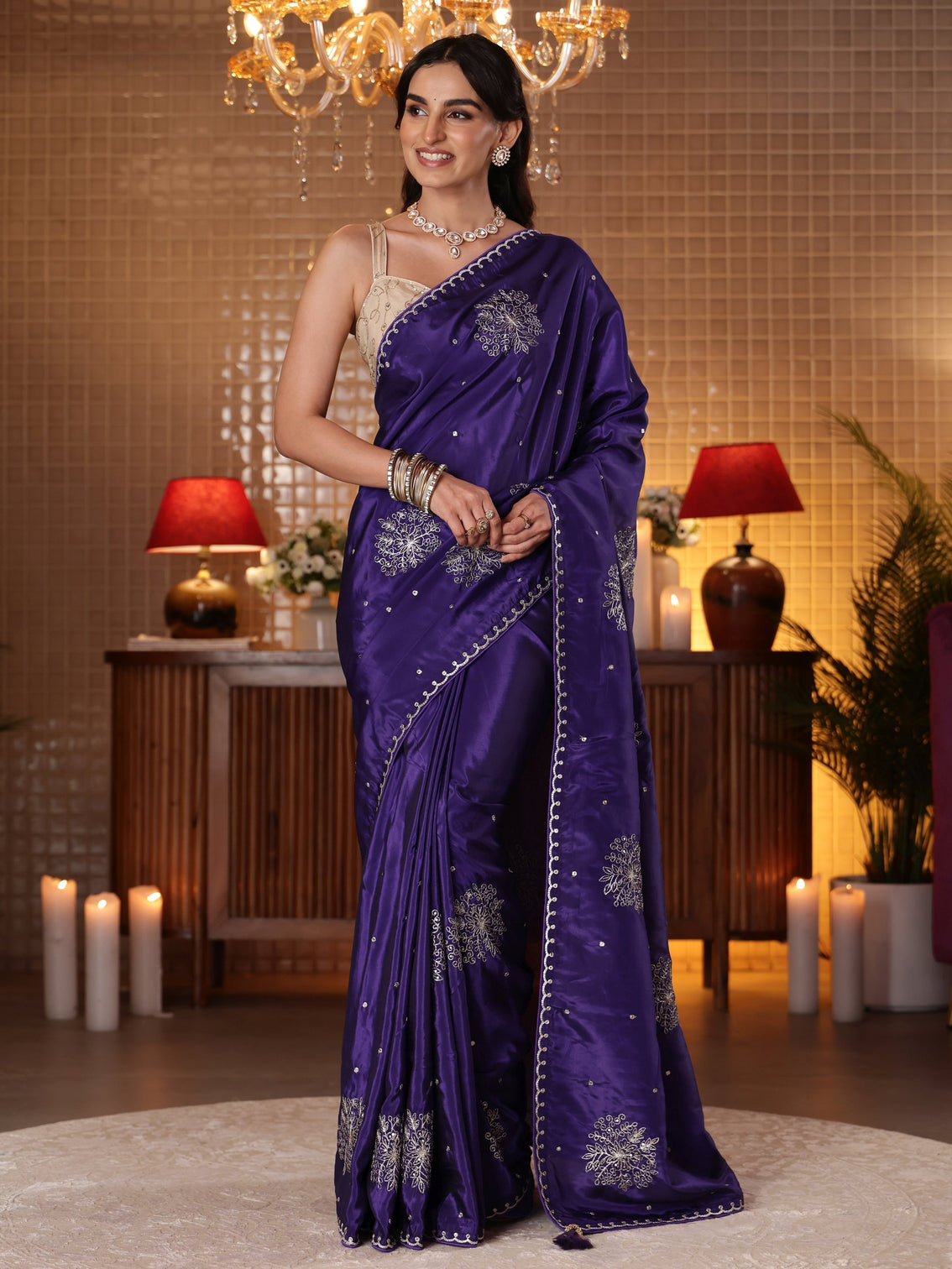 Mameraa Purple Floral Embroidered Silk Blend Saree