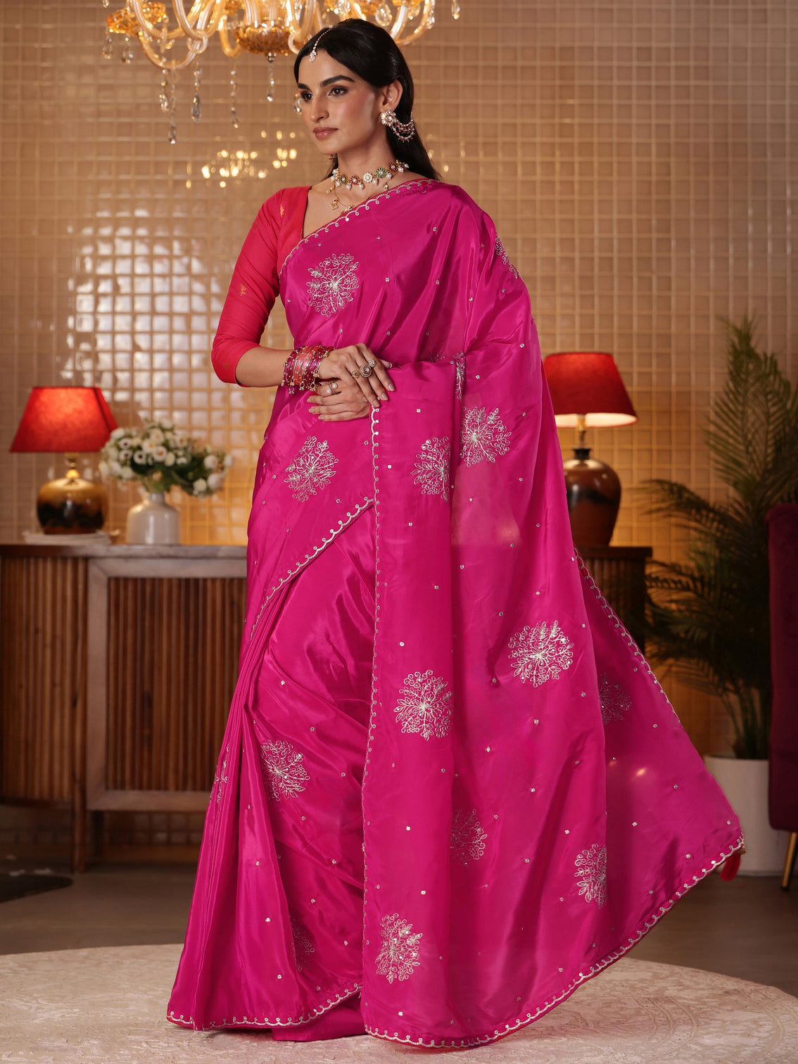 Mameraa Rani Pink Floral Embroidered Silk Blend Saree