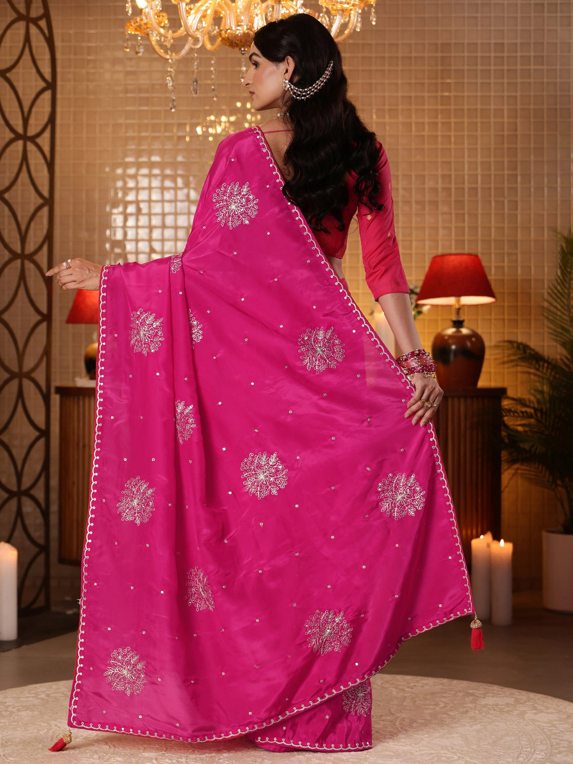 Mameraa Rani Pink Floral Embroidered Silk Blend Saree