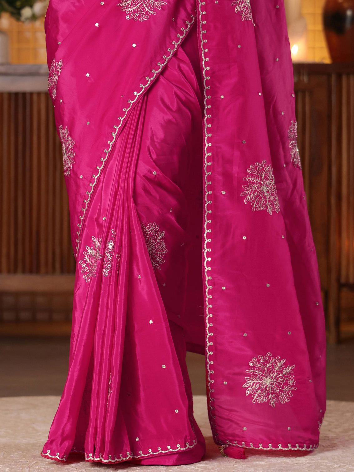 Mameraa Rani Pink Floral Embroidered Silk Blend Saree
