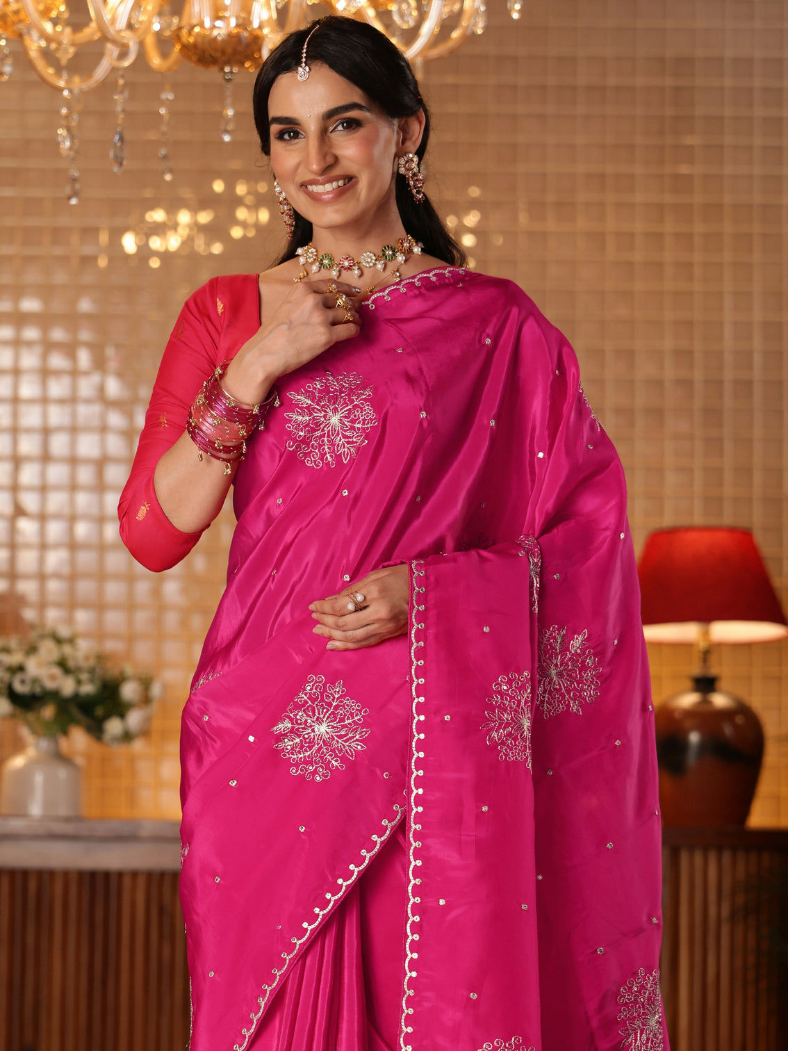 Mameraa Rani Pink Floral Embroidered Silk Blend Saree