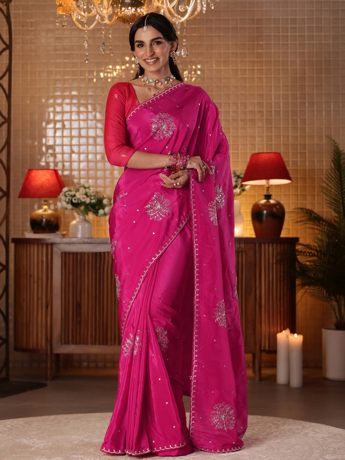 Mameraa Rani Pink Floral Embroidered Silk Blend Saree