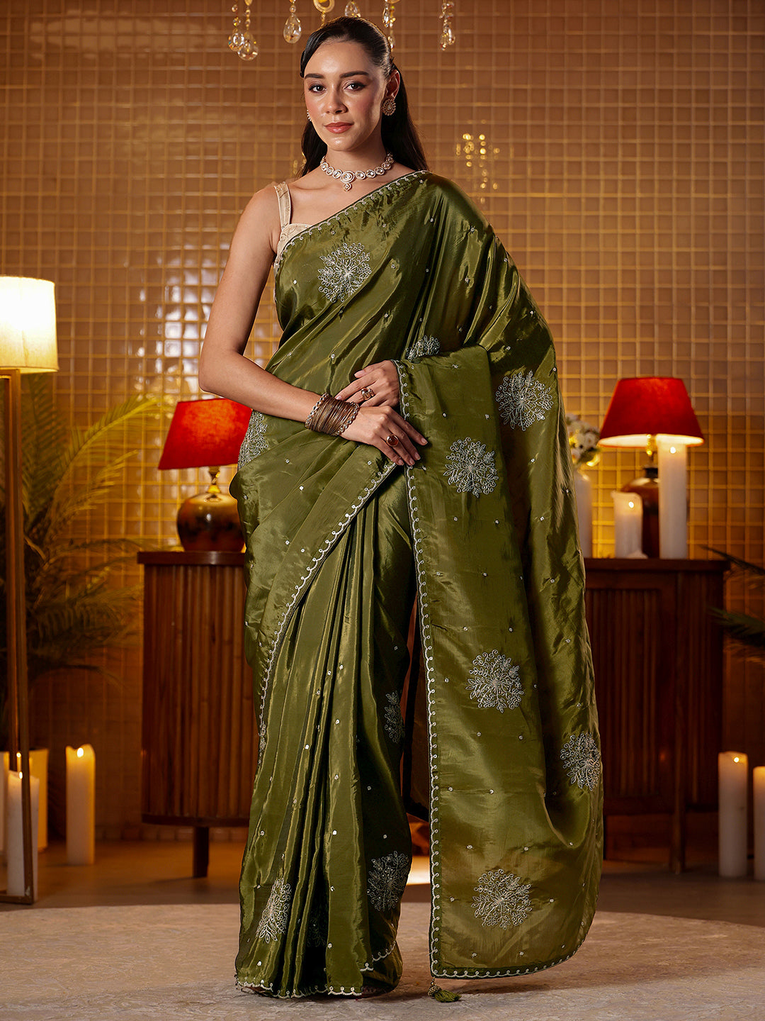 Mameraa Olive Green Floral Embroidered Silk Blend Saree