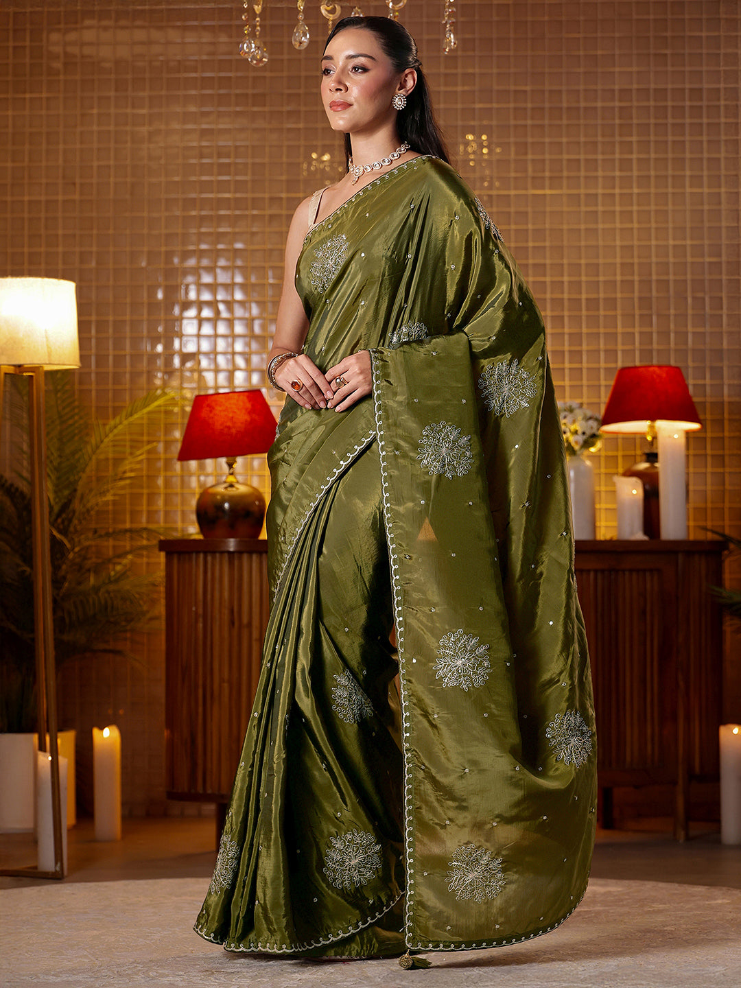 Mameraa Olive Green Floral Embroidered Silk Blend Saree