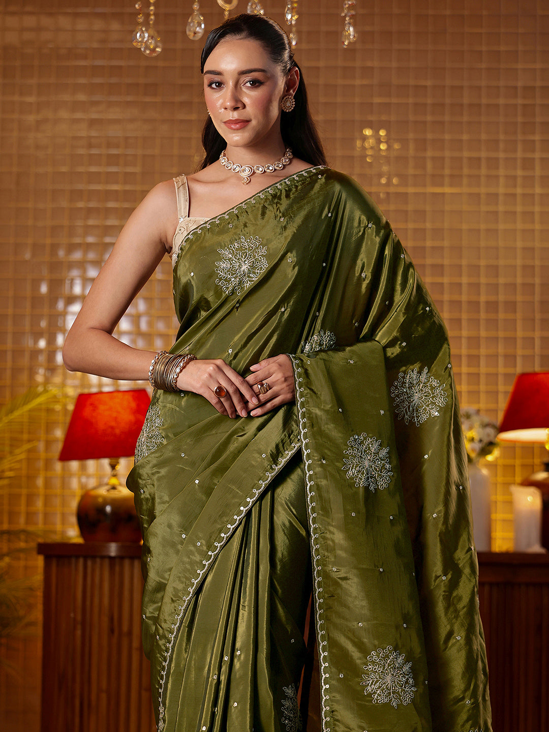 Mameraa Olive Green Floral Embroidered Silk Blend Saree