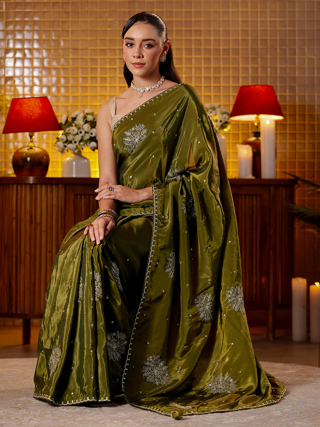 Mameraa Olive Green Floral Embroidered Silk Blend Saree