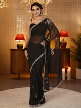 Libas Black Floral Embellished Georgette Saree