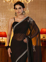 Libas Black Floral Embellished Georgette Saree