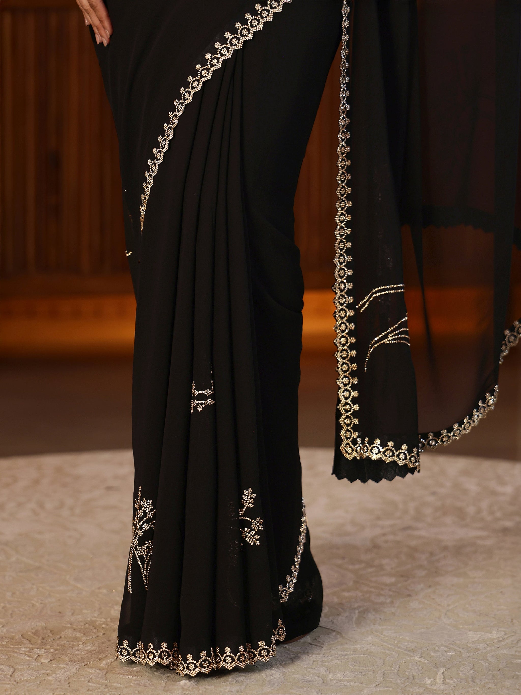 Libas Black Floral Embellished Georgette Saree