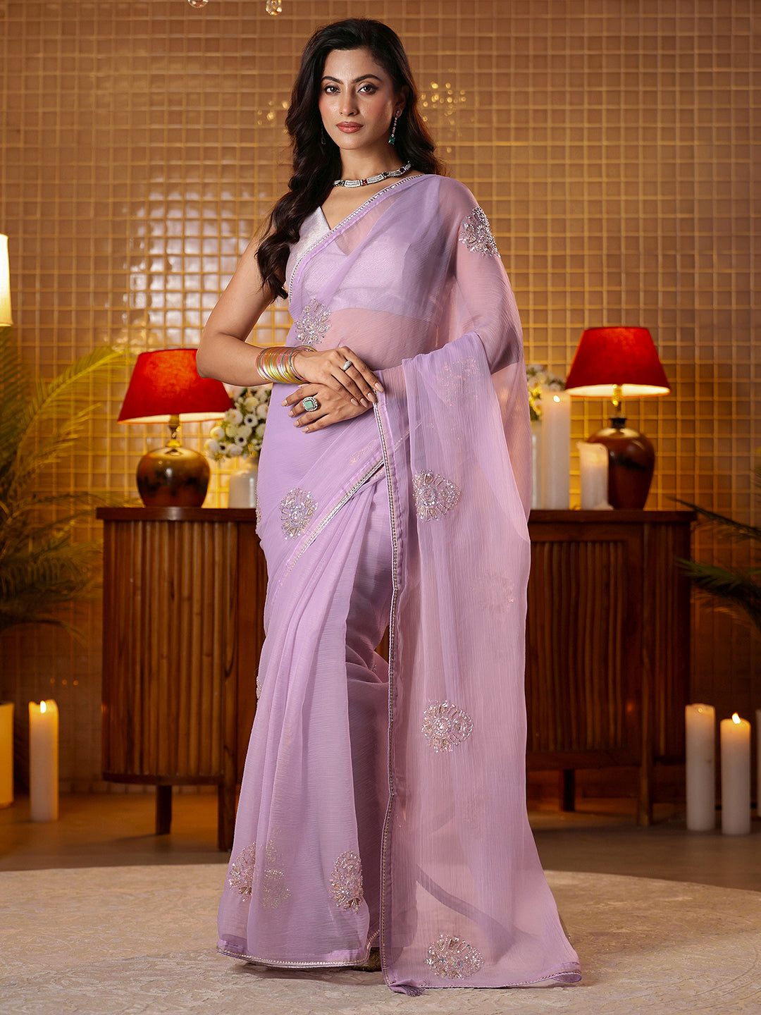 Mameraa Lavender Ethnic Embellished Silk Blend Saree