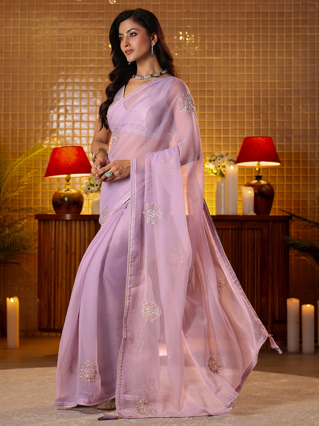 Mameraa Lavender Ethnic Embellished Silk Blend Saree