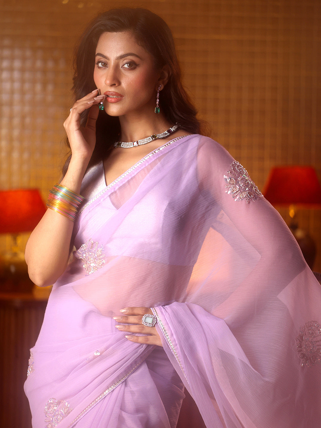 Mameraa Lavender Ethnic Embellished Silk Blend Saree