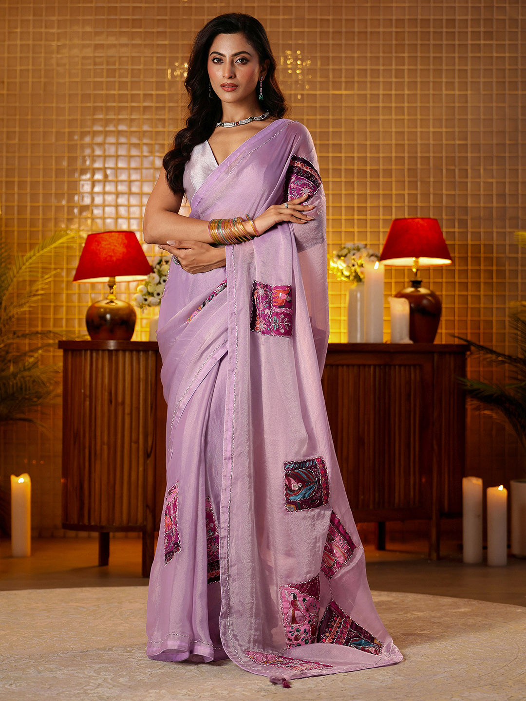 Mameraa Lavender Applique Silk Blend Saree