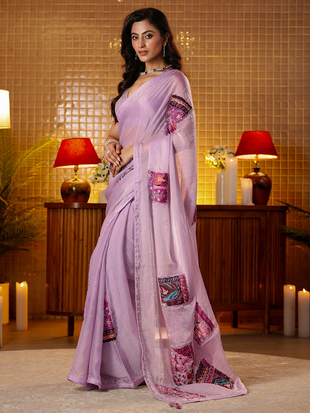 Mameraa Lavender Applique Silk Blend Saree