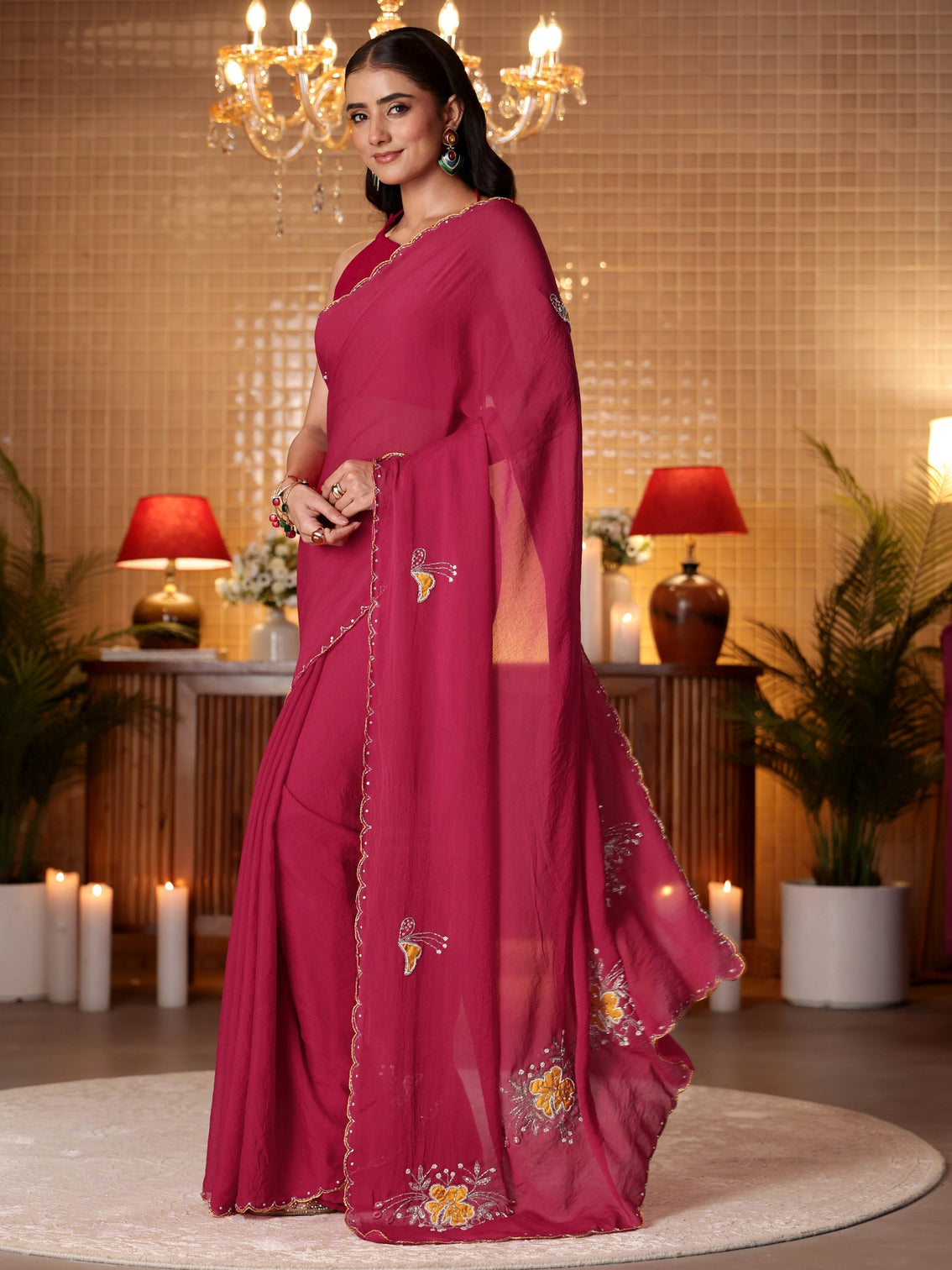 Mameraa Rani Pink Floral Embellished Silk Blend Saree