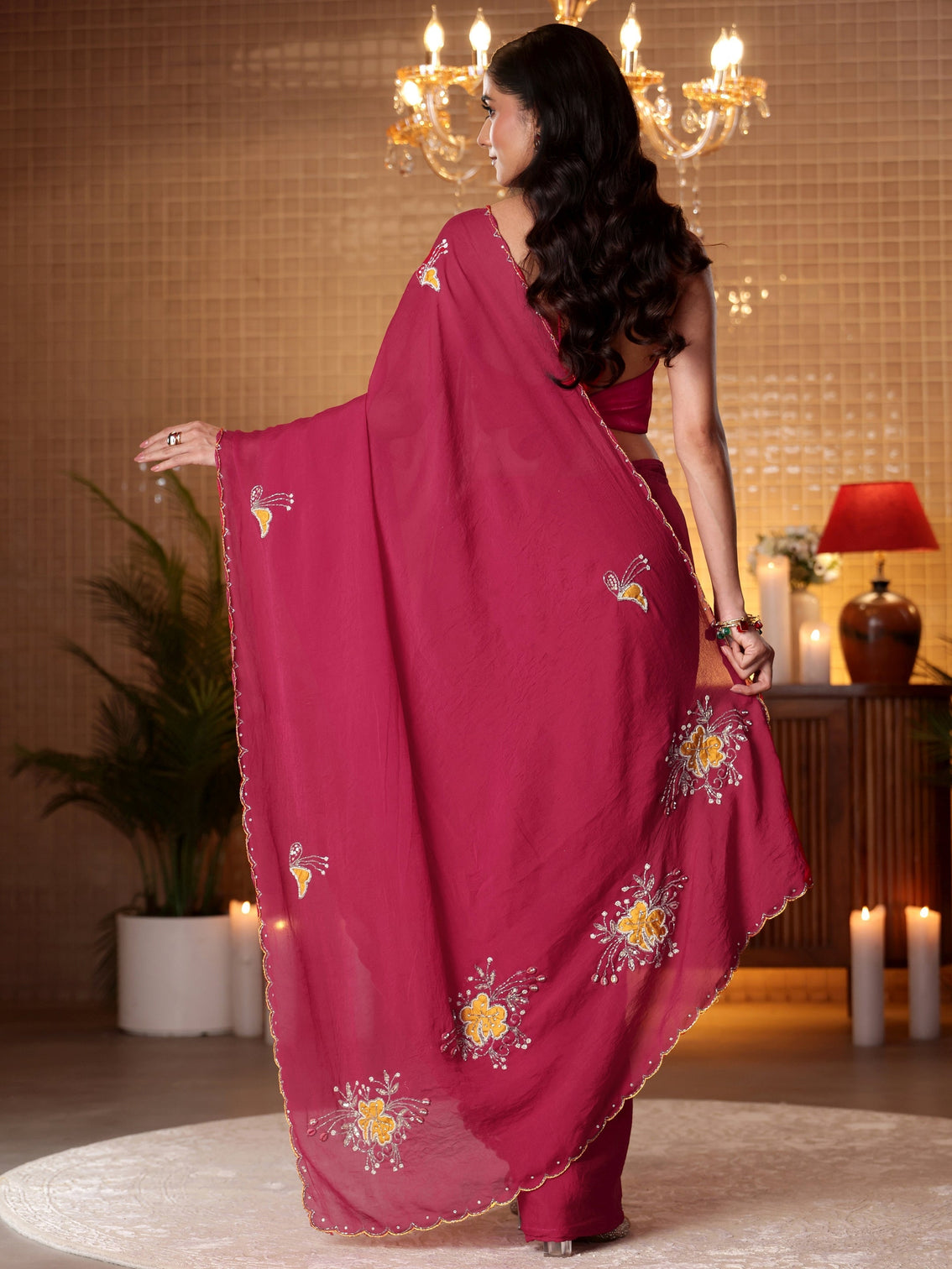 Mameraa Rani Pink Floral Embellished Silk Blend Saree