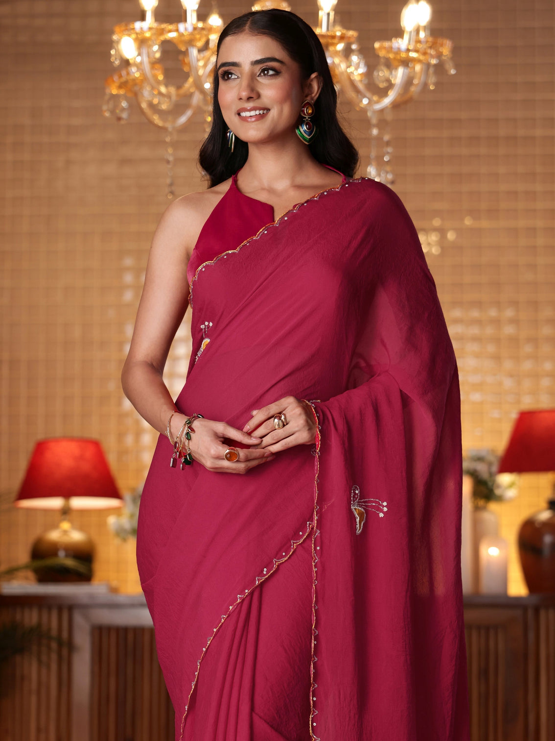 Mameraa Rani Pink Floral Embellished Silk Blend Saree
