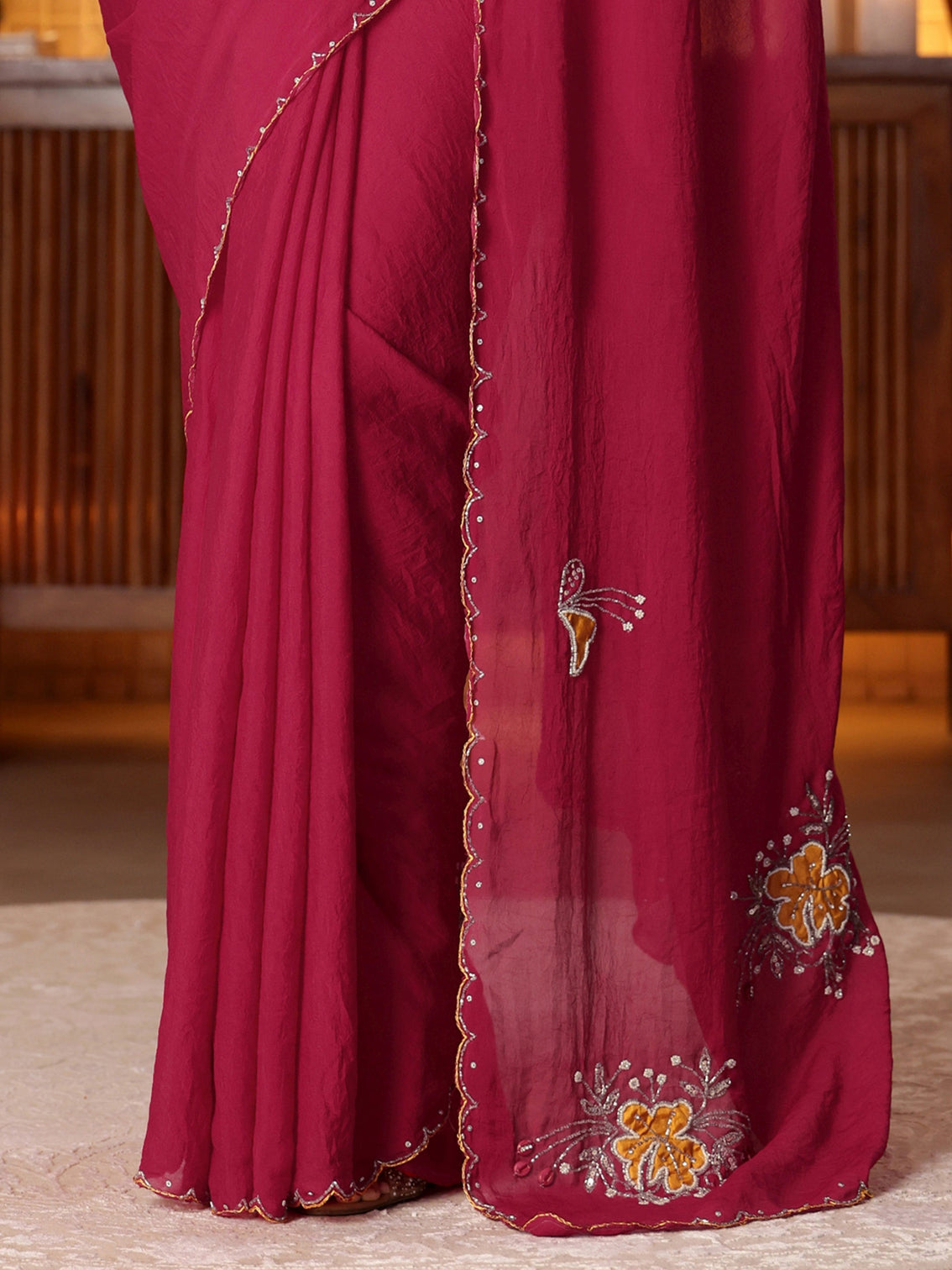 Mameraa Rani Pink Floral Embellished Silk Blend Saree
