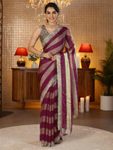 Libas Burgundy Striped Silk Blend Saree