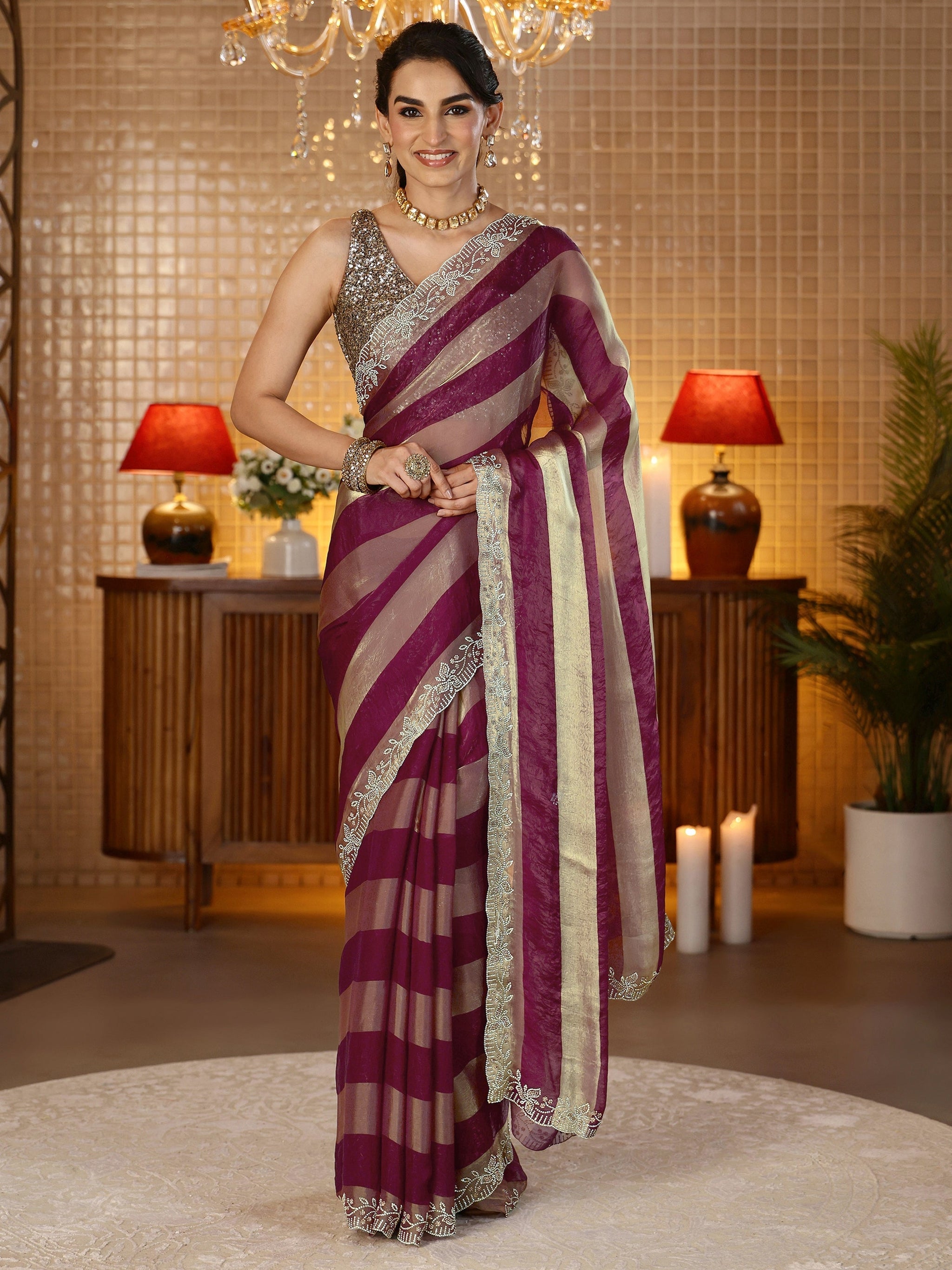 Libas Burgundy Striped Silk Blend Saree