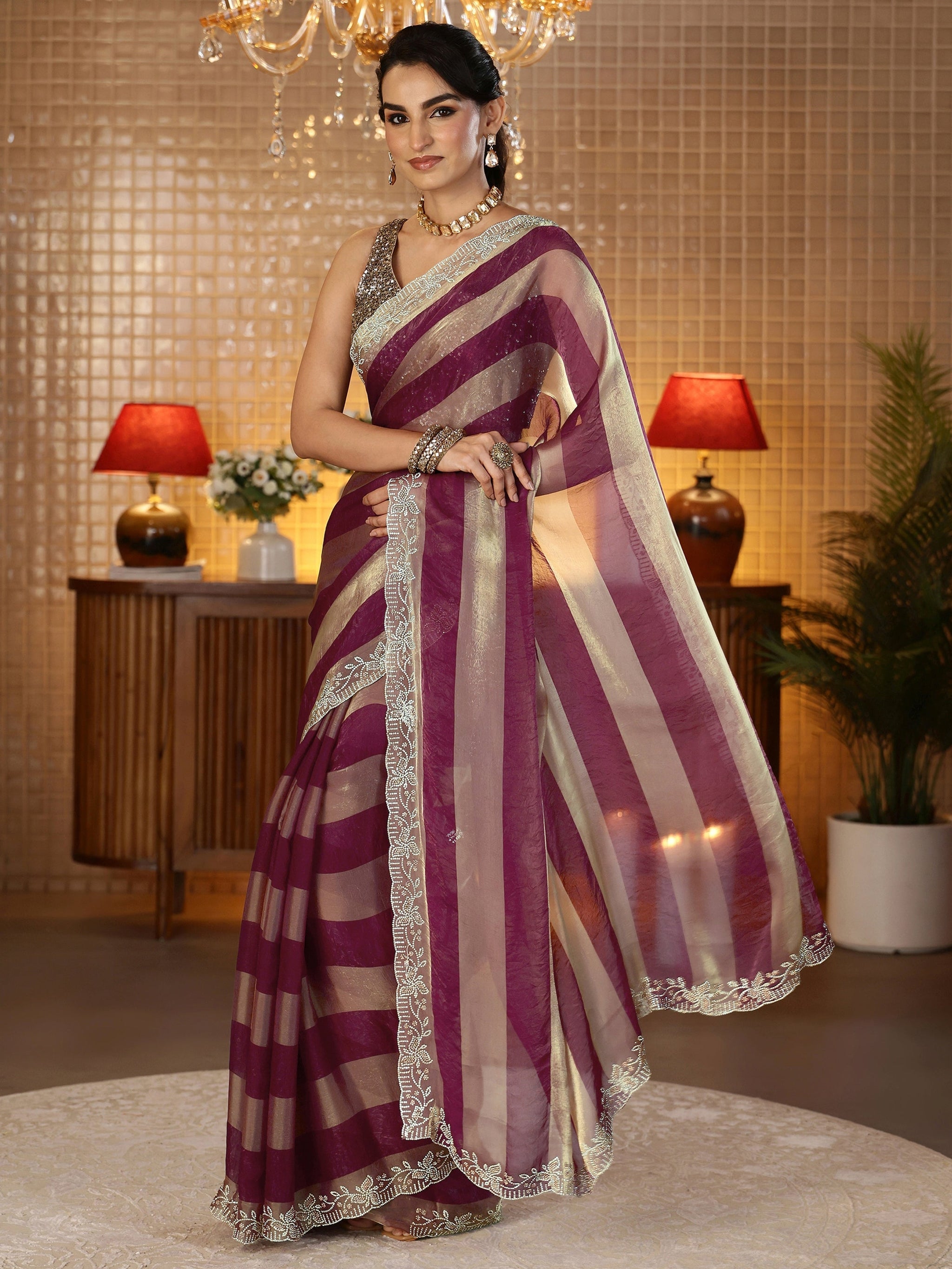 Libas Burgundy Striped Silk Blend Saree