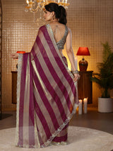 Libas Burgundy Striped Silk Blend Saree