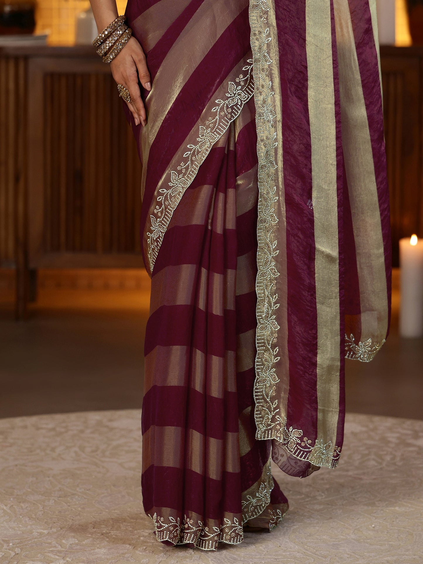 Libas Burgundy Striped Silk Blend Saree