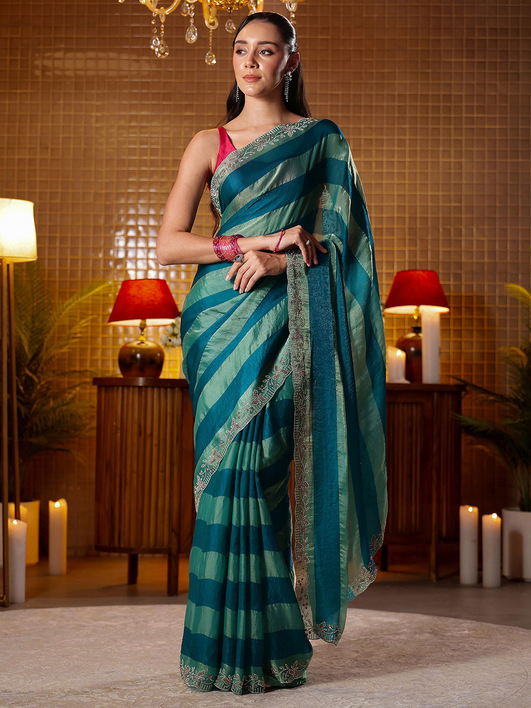 Mameraa Teal Green Striped Silk Blend Saree