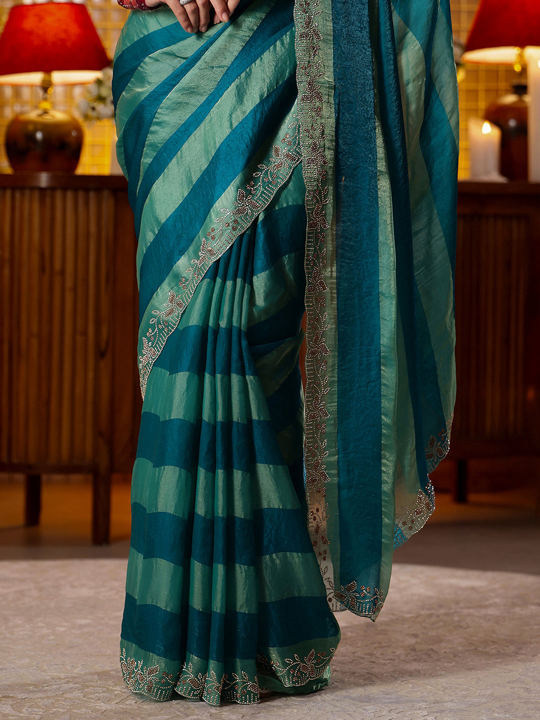 Mameraa Teal Green Striped Silk Blend Saree