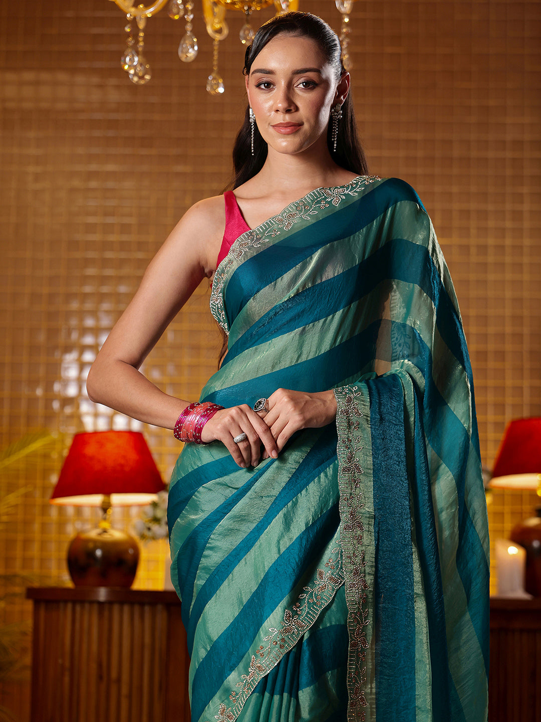 Mameraa Teal Green Striped Silk Blend Saree