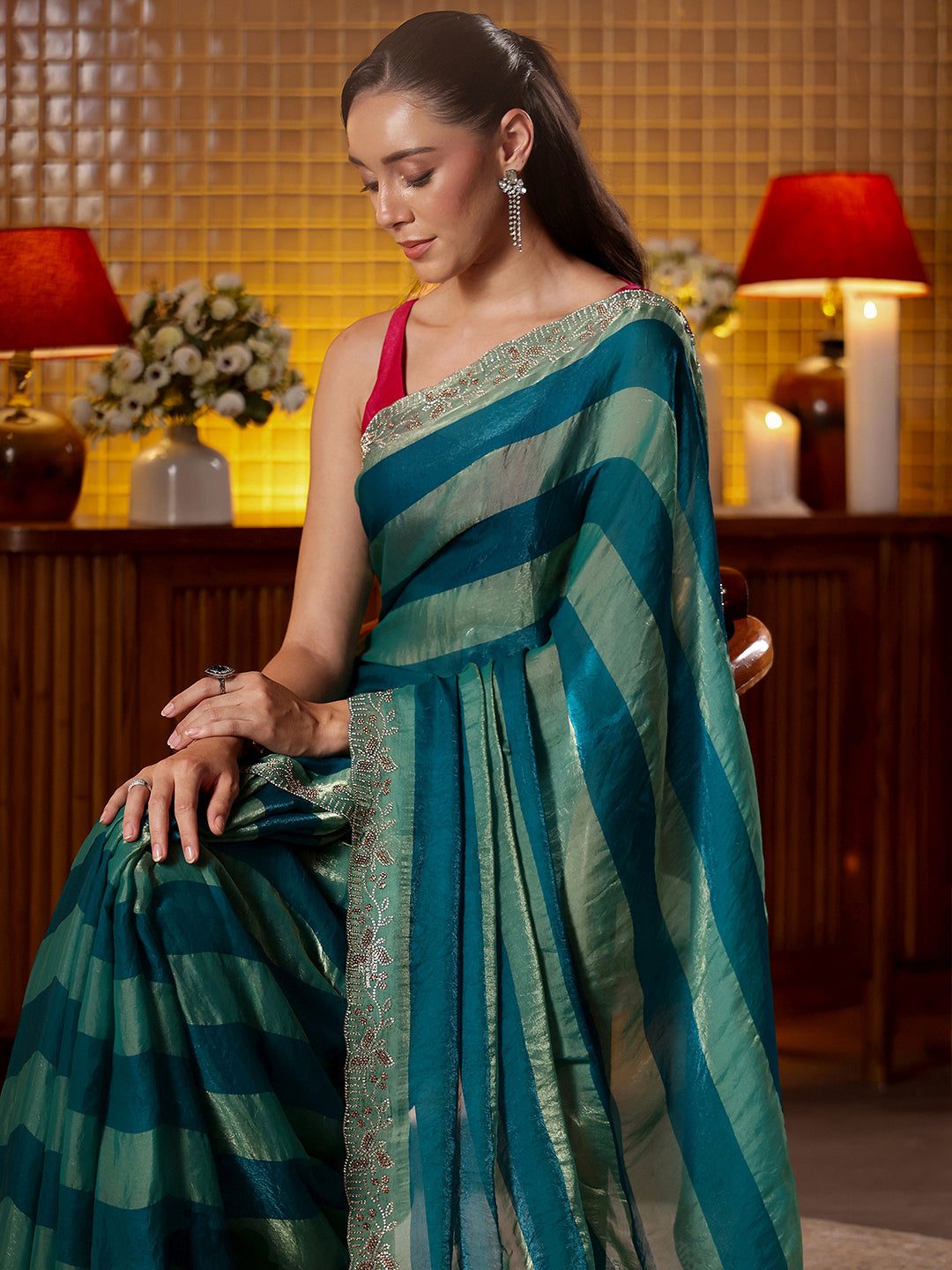 Mameraa Teal Green Striped Silk Blend Saree
