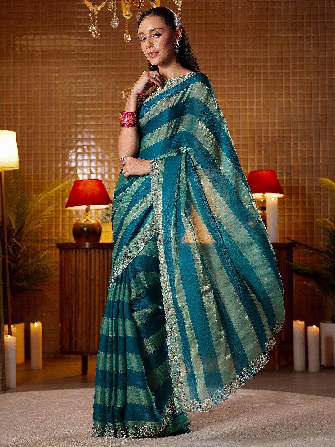 Mameraa Teal Green Striped Silk Blend Saree
