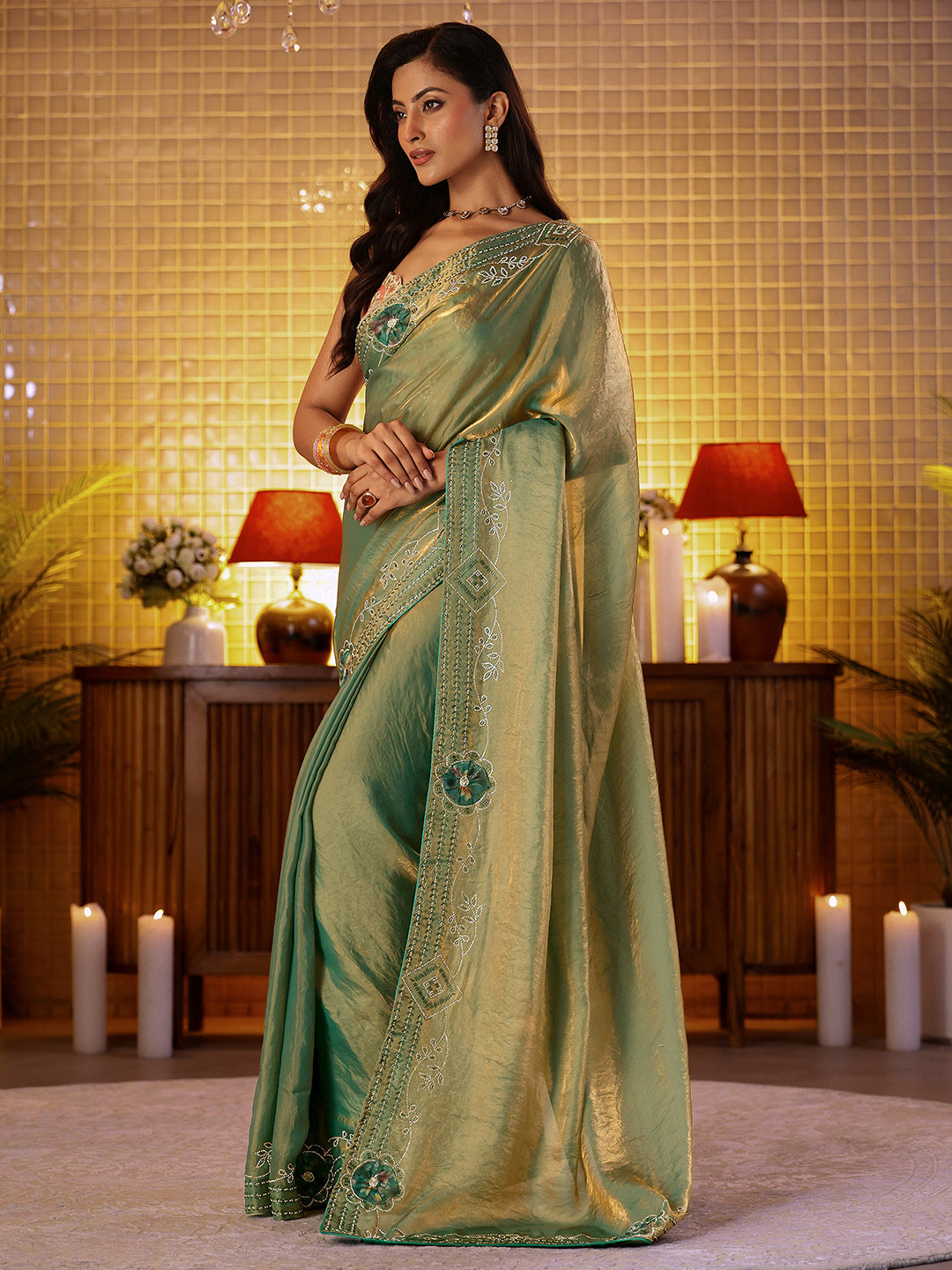 Mameraa Sage Green Silk Blend Saree with Floral Border