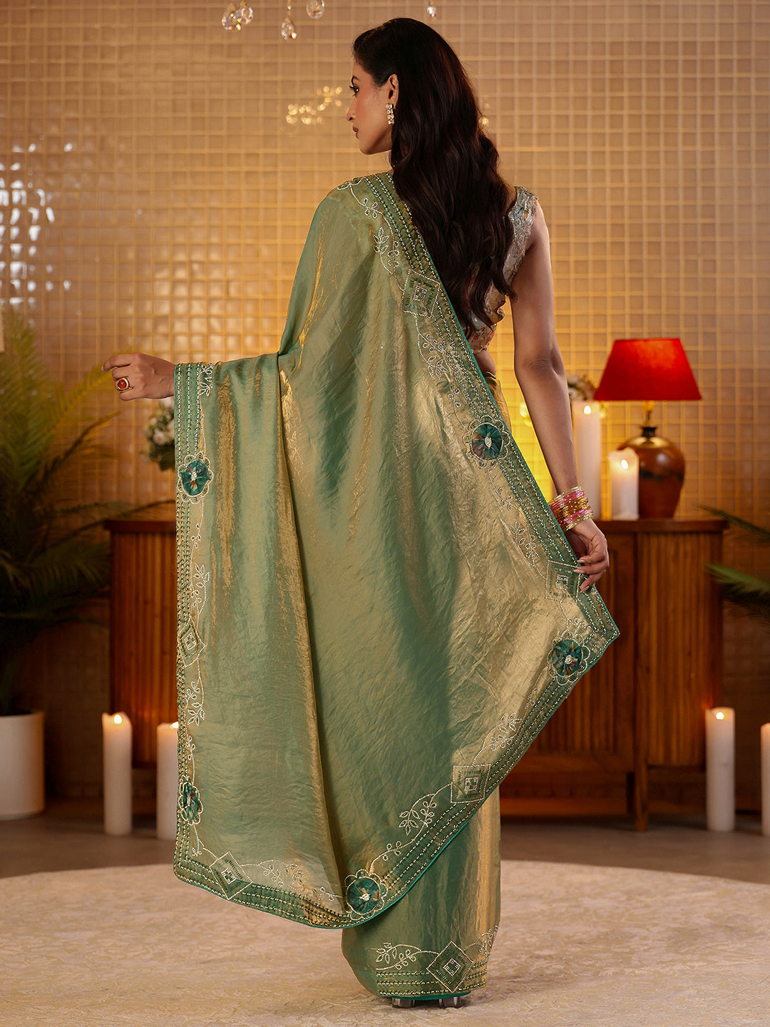 Mameraa Sage Green Silk Blend Saree with Floral Border