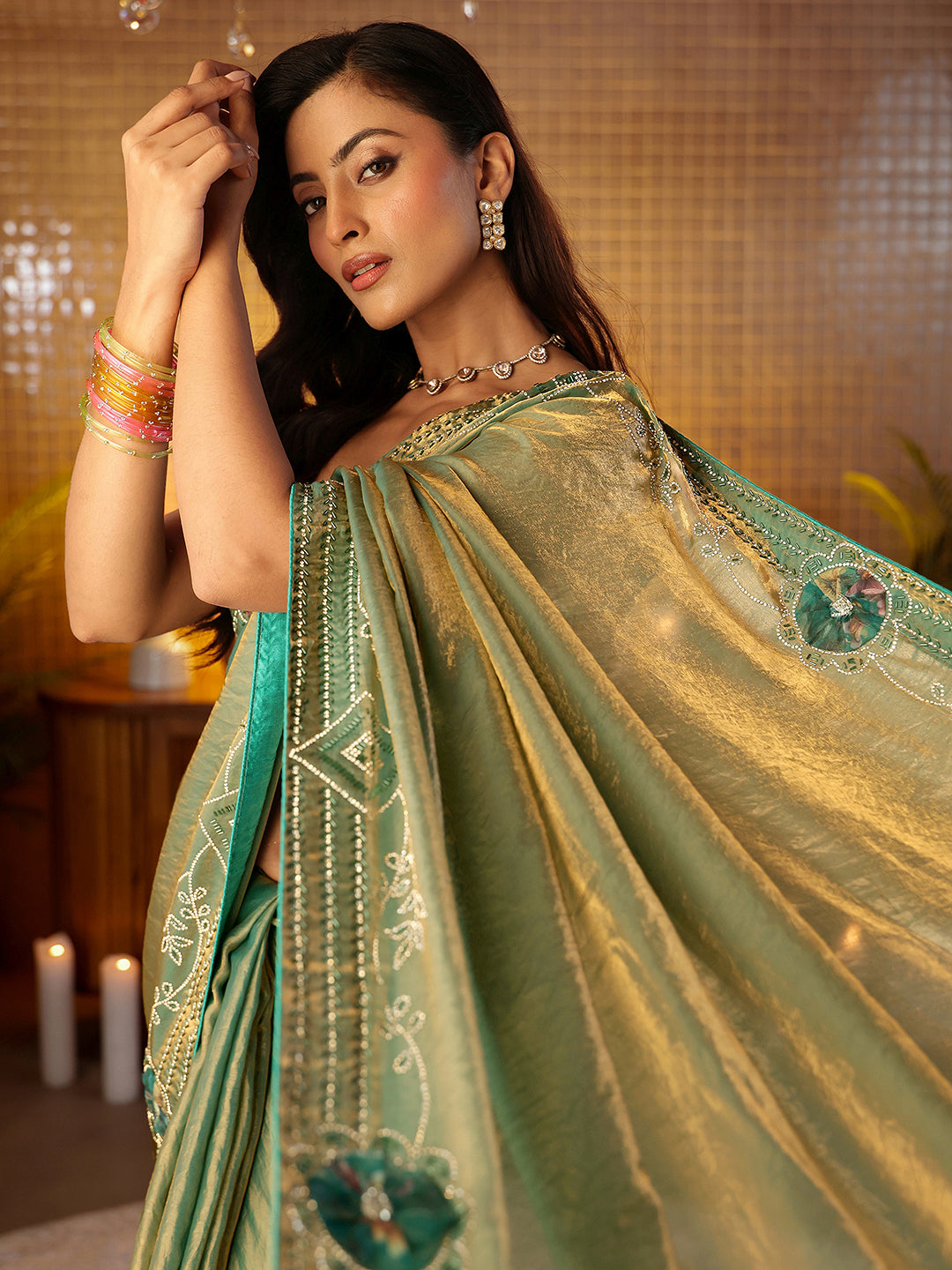 Mameraa Sage Green Silk Blend Saree with Floral Border