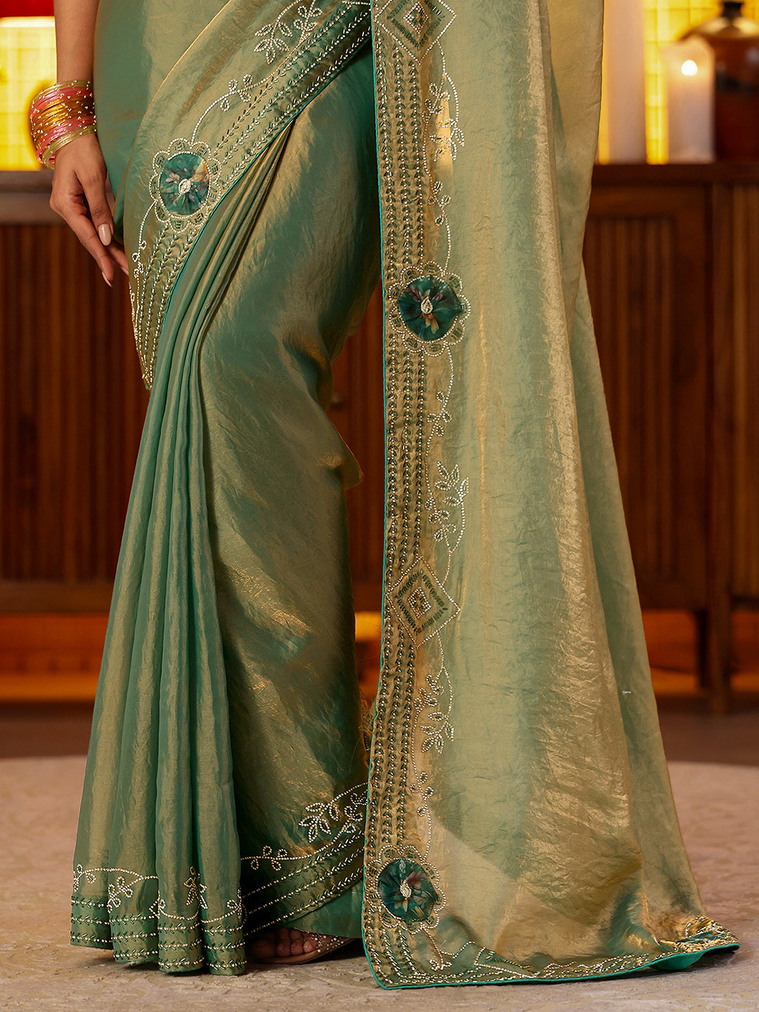 Mameraa Sage Green Silk Blend Saree with Floral Border