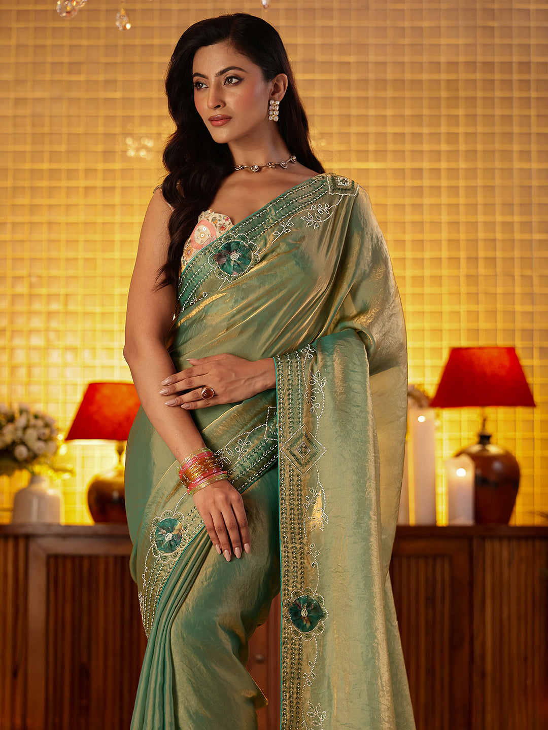 Mameraa Sage Green Silk Blend Saree with Floral Border