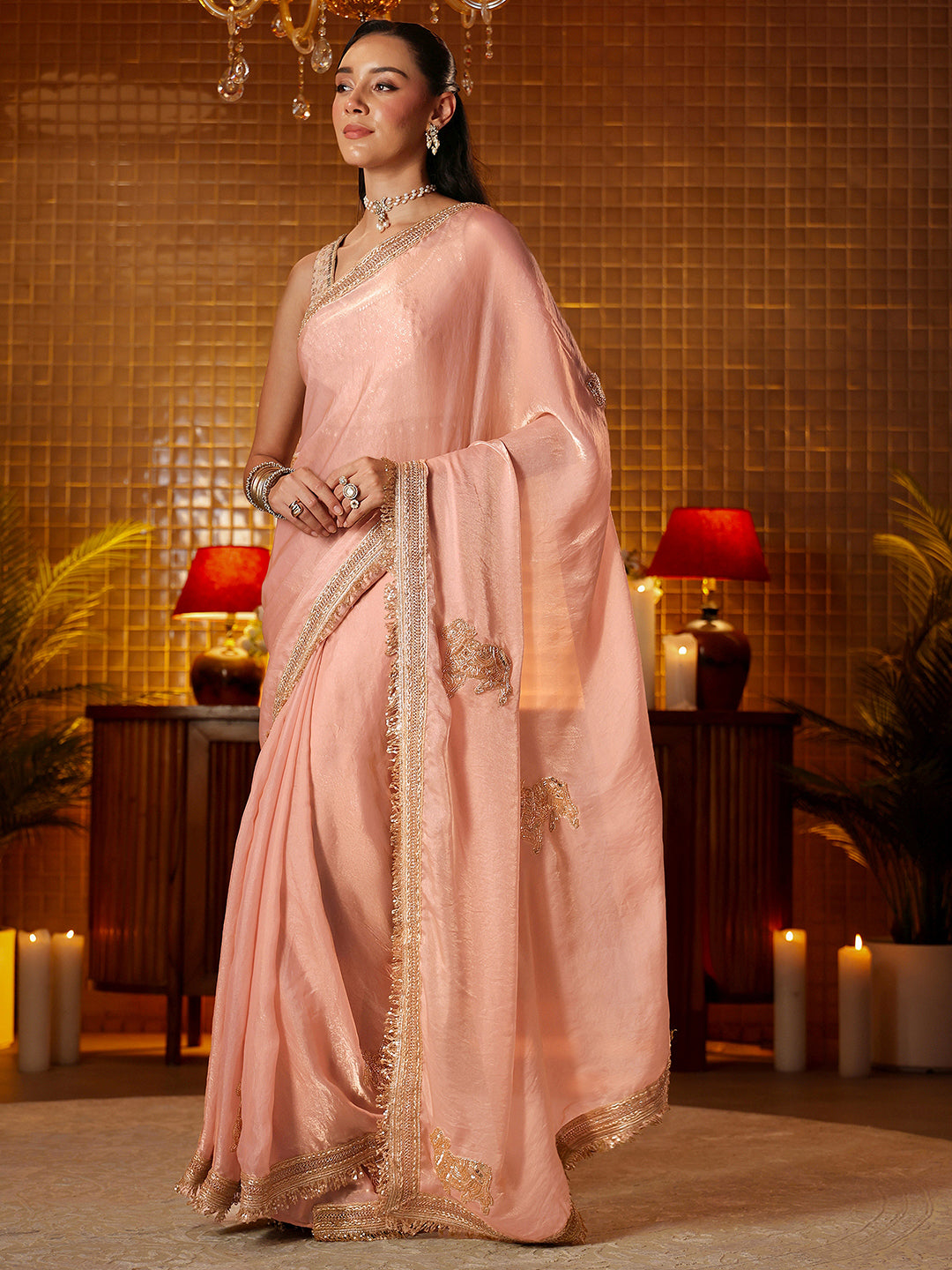 Mameraa Peach Embellished Silk Blend Saree