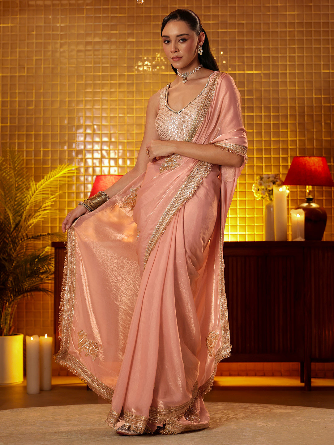 Mameraa Peach Embellished Silk Blend Saree