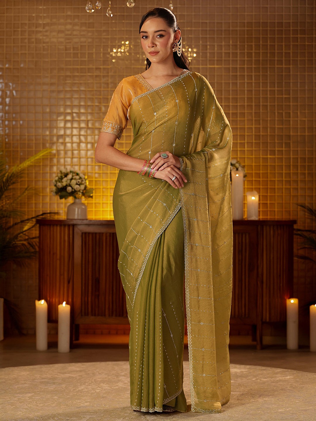 Mameraa Light Olive Green Embellished Silk Blend Saree