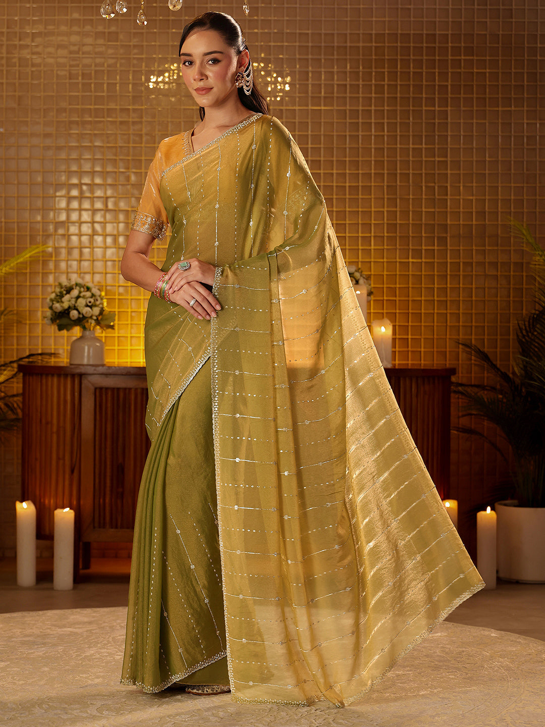Mameraa Light Olive Green Embellished Silk Blend Saree