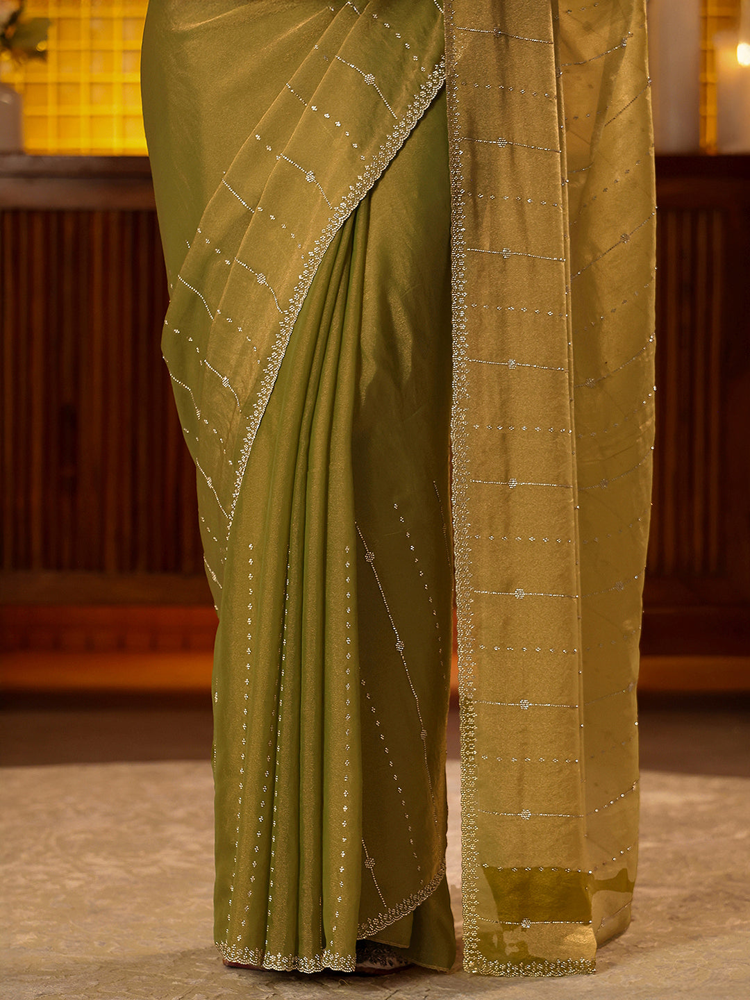 Mameraa Light Olive Green Embellished Silk Blend Saree