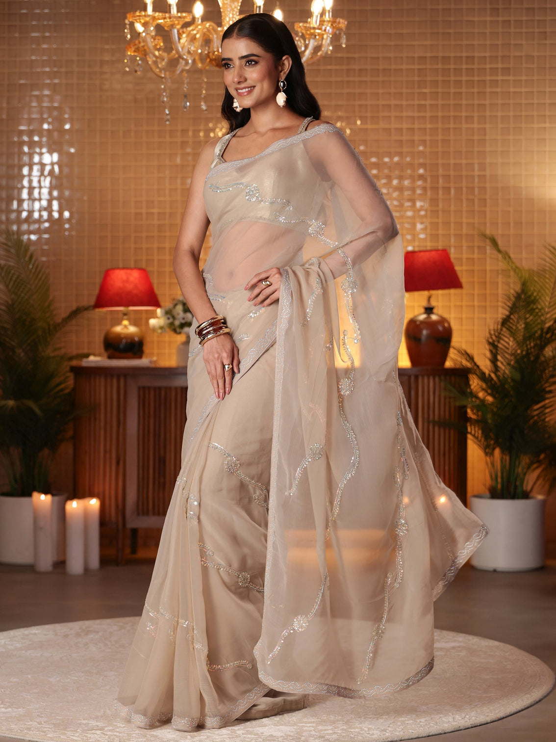 Mameraa Taupe Floral Embellished Silk Blend Saree