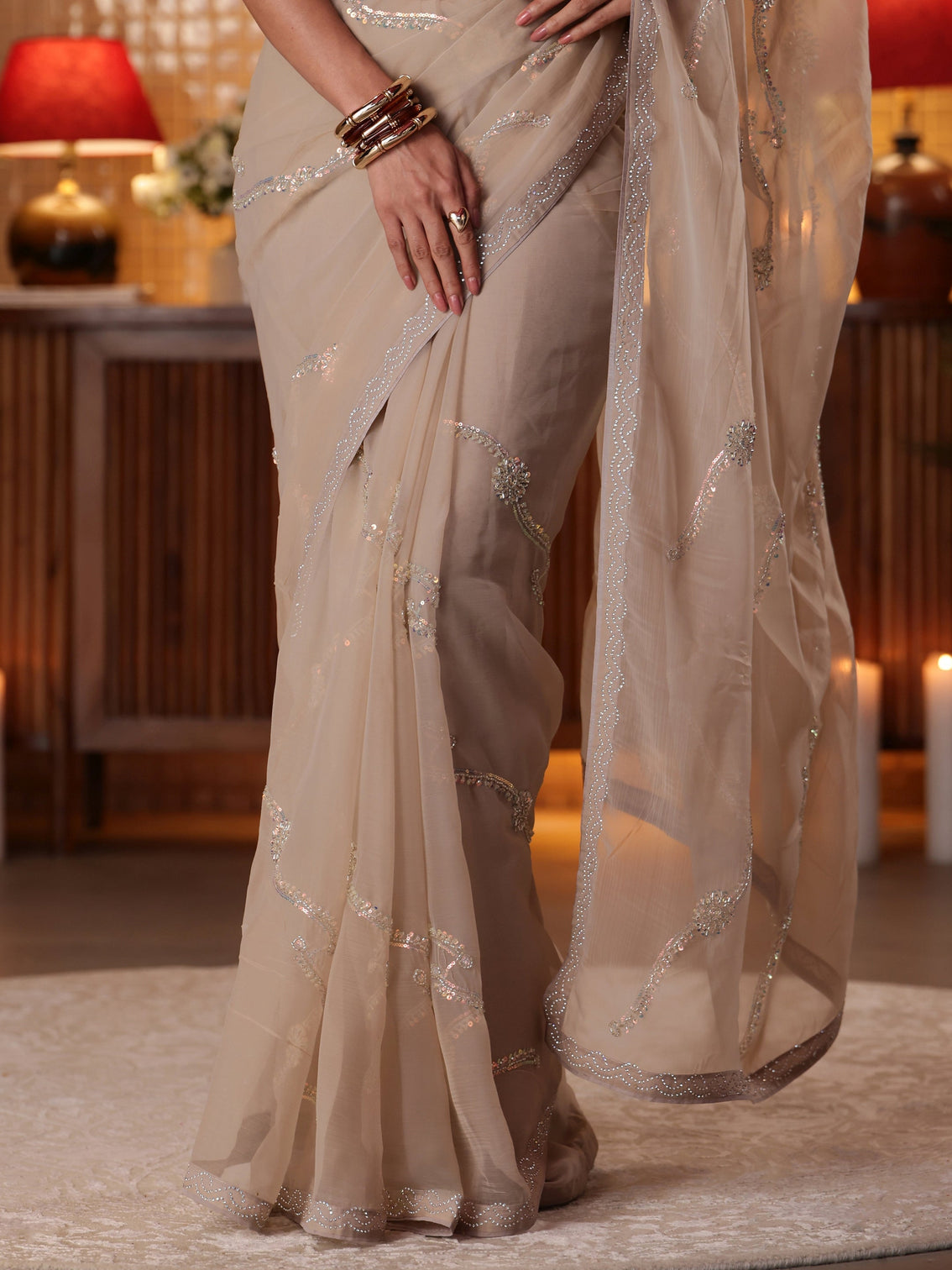 Mameraa Taupe Floral Embellished Silk Blend Saree