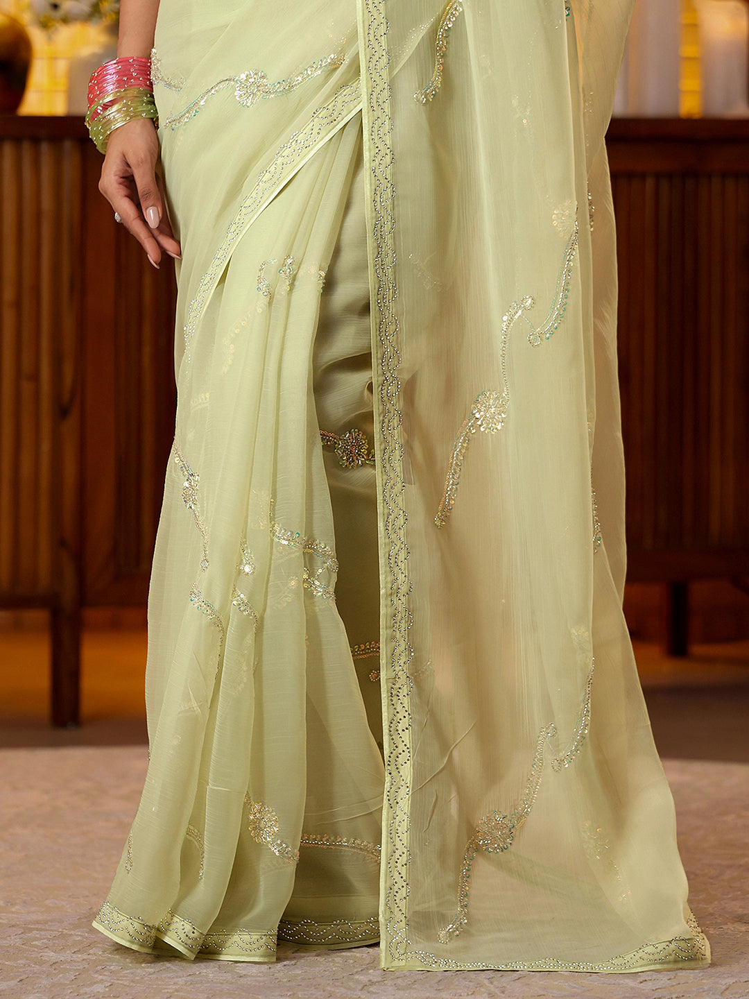 Mameraa Pista Green Floral Embellished Silk Blend Saree
