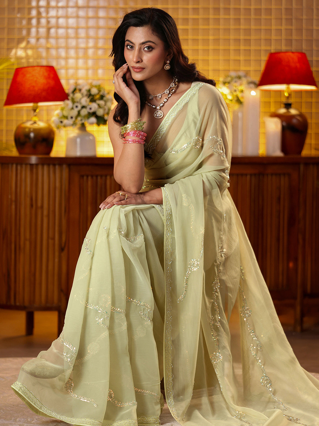 Mameraa Pista Green Floral Embellished Silk Blend Saree