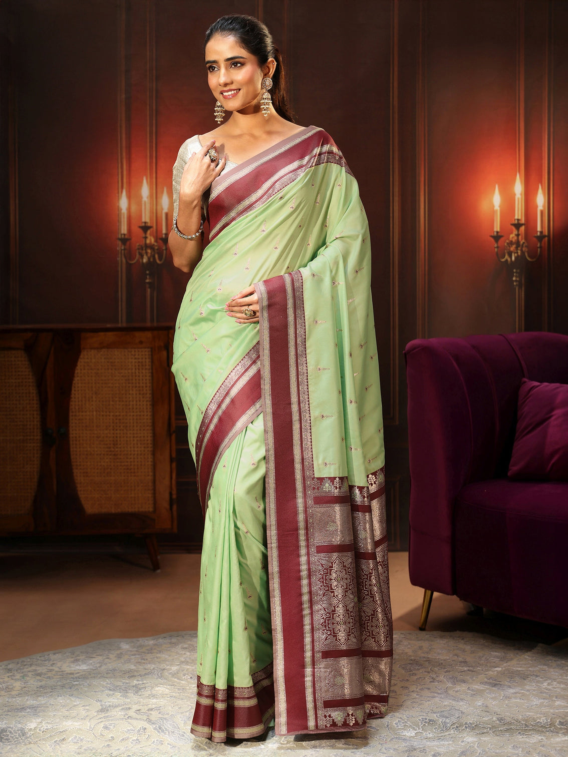 Mameraa Pista Green Kanjeevaram Silk Blend Saree