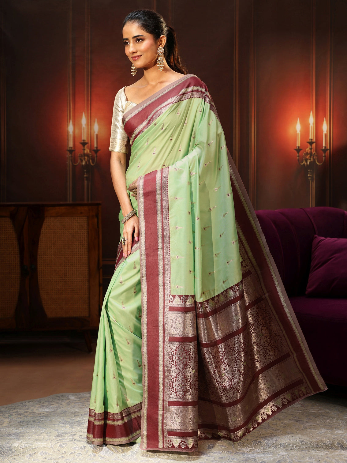 Mameraa Pista Green Kanjeevaram Silk Blend Saree