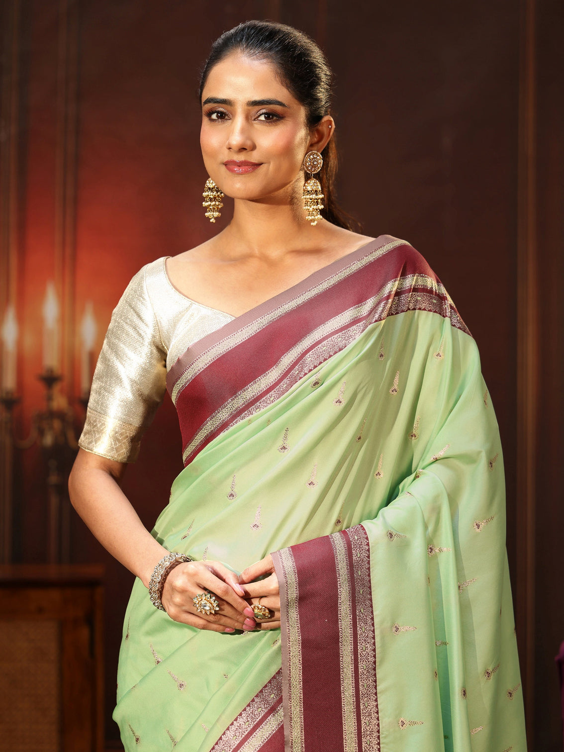 Mameraa Pista Green Kanjeevaram Silk Blend Saree